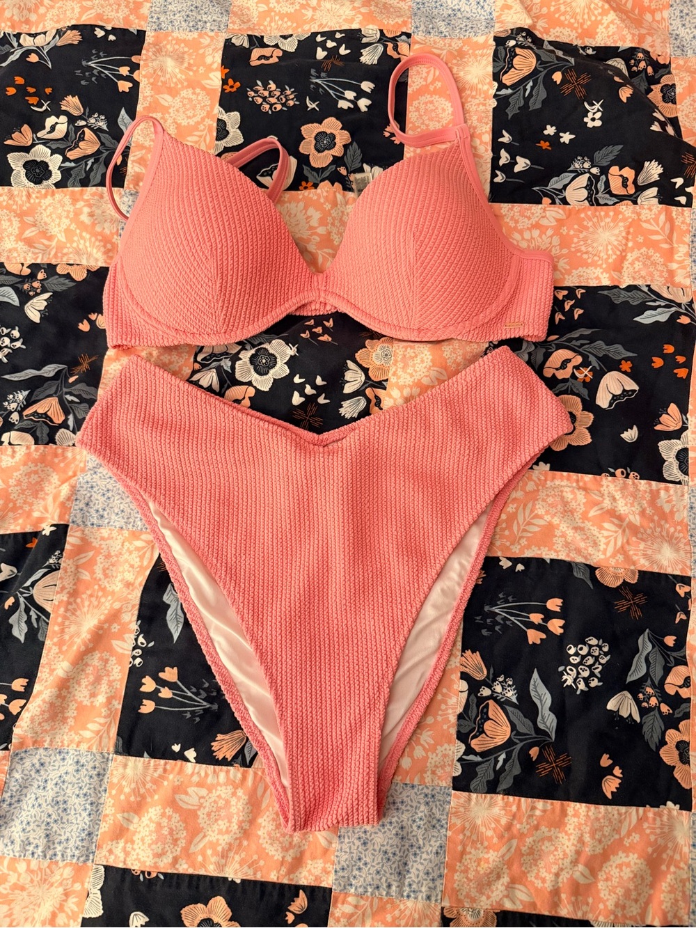 PINK Victoria's Secret Textured Coral-Pink Ribbed Bikini Set
